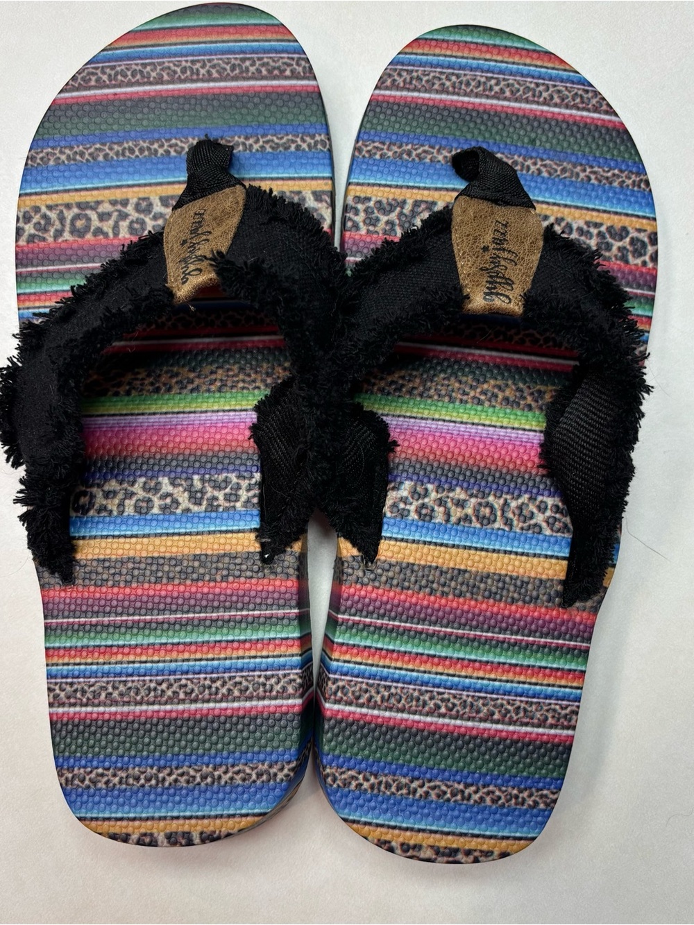 Gypsy Jazz Black Fringe Strap Sandals with Multicolor Striped Footbed NWOB